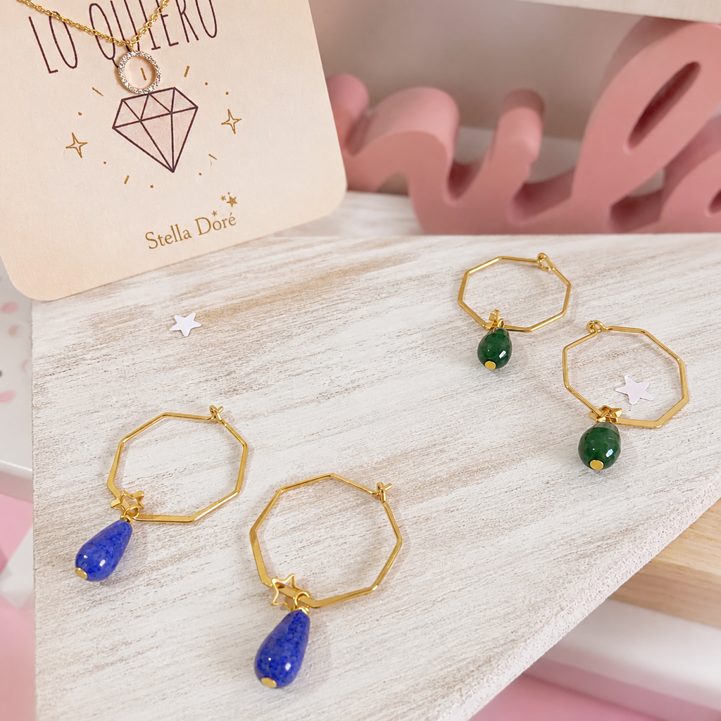Aros rombo con piedra mineral verde
