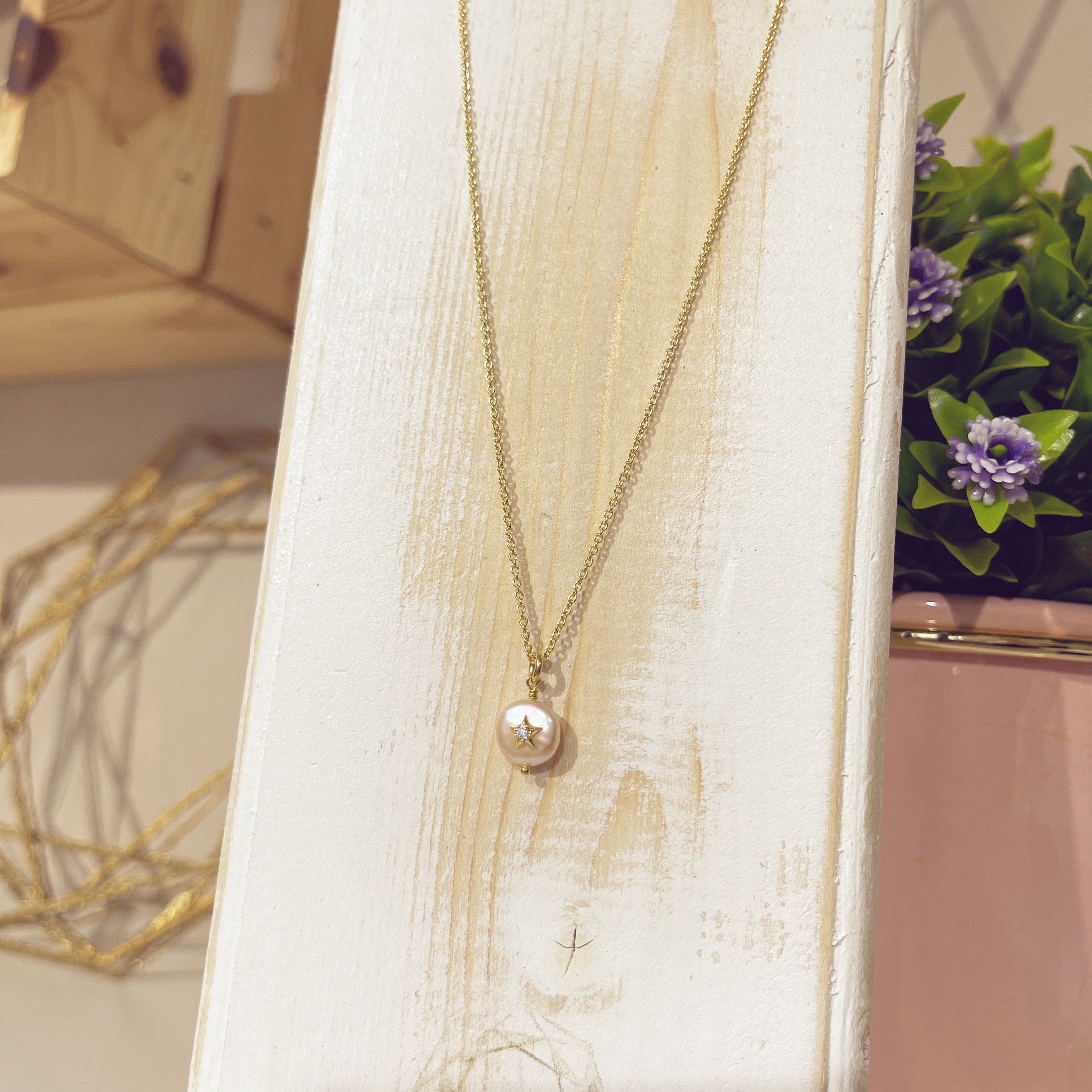 Collar perla estrella dorada